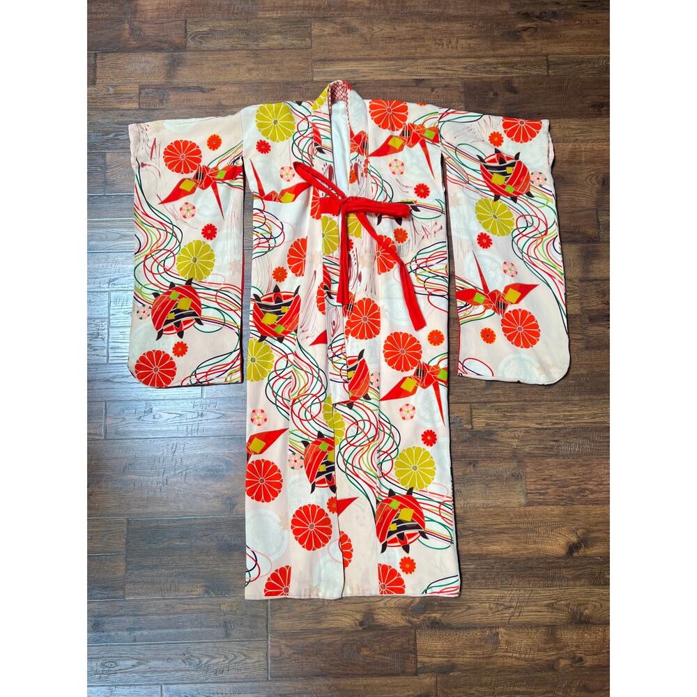 Vintage Clothing Hand Sewn Kimono Robe Abstract Floral Pattern Crepe Silk OS